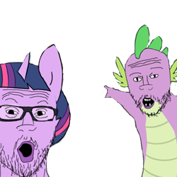 Size: 792x792 | Tagged: safe, artist:tjpones edits, edit, spike, twilight sparkle, anthro, g4, :o, beard, cursed image, facial hair, glasses, meme, open mouth, pointing, ponyville, scene interpretation, simple background, soyjak, soyjaks pointing, transparent background, wojak