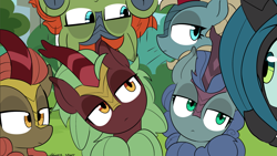 Size: 2167x1219 | Tagged: safe, artist:icey, artist:iscord, edit, cinder glow, maple brown, queen chrysalis, sparkling brook, summer flare, oc, oc:nova glow, oc:summer smoulder, changeling, changeling queen, kirin, g4, cropped, cute, female, head tilt, unamused, wallpaper, wallpaper edit, you came to the wrong neighborhood