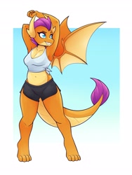 Size: 2700x3600 | Tagged: safe, alternate version, artist:ambris, smolder, dragon, anthro, digitigrade anthro, g4, arm behind head, barefoot, belly button, breasts, busty smolder, clothes, dragoness, eyebrows, eyelashes, fangs, feet, female, high res, lizard breasts, lizard navel, midriff, reasonably sized breasts, shorts, smiling, solo, stretching, tank top, tomboy, wings