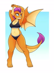 Size: 2700x3600 | Tagged: safe, alternate version, artist:ambris, smolder, dragon, anthro, digitigrade anthro, g4, arm behind head, barefoot, belly button, breasts, busty smolder, clothes, dragoness, eyebrows, eyelashes, fangs, feet, female, high res, lizard breasts, lizard navel, midriff, reasonably sized breasts, smiling, solo, sports bra, sports panties, stretching, tomboy, wings