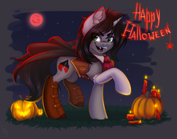 Size: 1650x1300 | Tagged: safe, artist:falafeljake, pony, unicorn, boots, candle, cape, clothes, commission, disguise, disguised siren, fangs, halloween, holiday, horn, jack-o-lantern, kellin quinn, looking at you, male, open mouth, ponified, pumpkin, raised hoof, raised leg, shoes, sleeping with sirens, socks, stallion, ych result