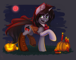 Size: 1650x1300 | Tagged: safe, alternate version, artist:falafeljake, pony, unicorn, boots, candle, cape, clothes, commission, disguise, disguised siren, fangs, halloween, holiday, horn, jack-o-lantern, kellin quinn, looking at you, male, open mouth, ponified, pumpkin, raised hoof, raised leg, shoes, sleeping with sirens, socks, stallion, ych result