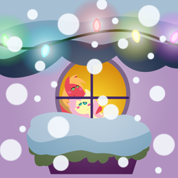 Size: 2160x2160 | Tagged: safe, anonymous artist, big macintosh, fluttershy, earth pony, pegasus, pony, series:fm holidays, series:hearth's warming advent calendar 2021, g4, advent calendar, blush sticker, blushing, christmas, christmas lights, female, fluttershy's cottage, high res, holiday, hoof on shoulder, lidded eyes, lineless, male, mare, pointy ponies, ship:fluttermac, shipping, snow, snowfall, stallion, straight, window