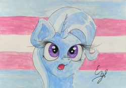 Size: 2067x1447 | Tagged: safe, artist:engi, trixie, pony, unicorn, g4, cute, female, looking at you, mare, open mouth, pride, pride flag, simple background, solo, traditional art, transgender pride flag, watercolor painting