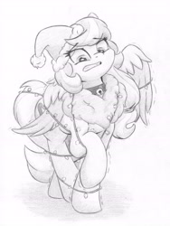 Size: 4602x6136 | Tagged: safe, artist:zemer, oc, oc:feather belle, pegasus, pony, adorable distress, bell, bell collar, chest fluff, christmas, christmas lights, collar, cute, fluffy, hair tie, hat, holiday, monochrome, pencil drawing, raised leg, santa hat, solo, tied up, traditional art, wings