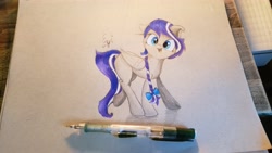 Size: 4032x2268 | Tagged: safe, artist:engi, oc, oc:azure serenity, pegasus, pony, bow, clothes, colored pencil drawing, cute, female, full body, happy, looking at you, mare, open mouth, pegasus oc, pencil, pencil drawing, photo, simple background, smiling, solo, traditional art