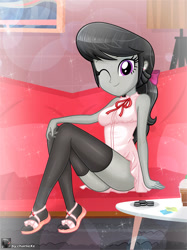 Size: 922x1230 | Tagged: safe, artist:charliexe, octavia melody, human, equestria girls, g4, adorasexy, adorkable, clothes, cookie, cute, dork, female, food, looking at you, one eye closed, oreo, ponytail, sandals, schrödinger's pantsu, sexy, smiling, smiling at you, socks, socks with sandals, solo, stockings, stupid sexy octavia, thigh highs, wink