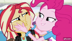 Size: 640x360 | Tagged: safe, screencap, pinkie pie, sunset shimmer, equestria girls, equestria girls specials, g4, my little pony equestria girls: mirror magic, animated, cheek squish, duo, duo female, eyes closed, female, geode of empathy, geode of sugar bombs, gif, gifs.com, jewelry, magical geodes, necklace, open mouth, open smile, smiling, squishy cheeks