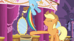 Size: 640x360 | Tagged: safe, screencap, applejack, rainbow dash, earth pony, pegasus, pony, g4, make new friends but keep discord, season 5, animated, applejack's hat, carousel boutique, cowboy hat, crying, crying on the outside, eyes closed, female, flying, gif, gifs.com, hat, mare, open mouth, smiling, tears of joy
