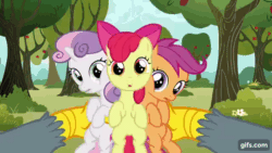 Size: 640x360 | Tagged: safe, screencap, apple bloom, gabby, scootaloo, sweetie belle, earth pony, griffon, pegasus, pony, unicorn, g4, season 6, the fault in our cutie marks, :o, adorabloom, animated, apple bloom's bow, bow, cute, cutealoo, cutie mark crusaders, diasweetes, female, female pov, filly, gif, gifs.com, hair bow, hug, offscreen character, offscreen female, open mouth, pov