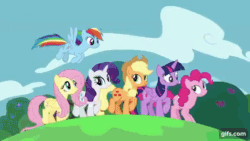 Size: 640x360 | Tagged: safe, screencap, applejack, fluttershy, pinkie pie, rainbow dash, rarity, twilight sparkle, alicorn, earth pony, pegasus, pony, unicorn, all bottled up, g4, season 7, animated, applejack's hat, autumn, best friends until the end of time, cowboy hat, female, flying, gif, gifs.com, hat, mane six, mare, open mouth, open smile, smiling, snow, summer, sunglasses, time-lapse, twilight sparkle (alicorn), winter