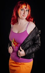Size: 668x1080 | Tagged: safe, sunset shimmer, human, equestria girls, g4, bare shoulders, clothes, cosplay, costume, irl, irl human, photo, solo, tank top