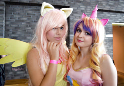 Size: 2932x2045 | Tagged: safe, artist:ellychancosplay, fluttershy, princess cadance, human, g4, 2015, bare shoulders, clothes, cosplay, costume, high res, irl, irl human, photo, sleeveless