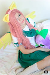 Size: 2000x3000 | Tagged: safe, artist:ellychancosplay, fluttershy, spike, human, g4, clothes, cosplay, costume, high res, irl, irl human, photo, plushie, schoolgirl