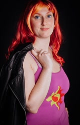 Size: 687x1080 | Tagged: safe, sunset shimmer, human, equestria girls, g4, bare shoulders, clothes, cosplay, costume, irl, irl human, photo, sleeveless, tank top