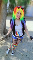 Size: 743x1349 | Tagged: safe, rainbow dash, human, g4, clothes, converse, cosplay, costume, cutie mark on clothes, irl, irl human, photo, rainbow socks, shoes, sneakers, socks, striped socks, sunglasses