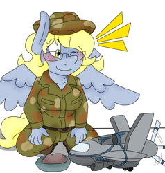 Size: 2746x2881 | Tagged: safe, artist:blackbewhite2k7, derpy hooves, pegasus, anthro, g4, blushing, clothes, commission, cute, drone, emanata, glasses, high res, kneeling, military uniform, naive, one eye closed, pet bowl, smiling, spread wings, uniform, wings