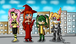 Size: 1280x739 | Tagged: safe, artist:ninpeachlover, fluttershy, oc, oc:envy the rabbit, human, equestria girls, g4, ponies of dark water, bare shoulders, city, clothes, corrupted fluttershy, crossed arms, crossover, dark fluttershy, dark theme, dress, ear piercing, earring, gloves, hat, high heels, jewelry, long hair, looking at you, piercing, poison ivyshy, princess daisy, red dress, red eyes, red hat, shoes, sonic the hedgehog (series), strapless, super mario bros., witch, witch costume, witch hat