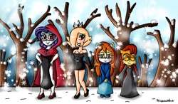 Size: 1200x700 | Tagged: safe, artist:ninpeachlover, rarity, oc, oc:sorrow the cat, human, equestria girls, g4, ponies of dark water, black dress, blue dress, cloak, clothes, corrupted rarity, crossover, crown, doctor doomity, dress, eyeshadow, hand on hip, high heels, jewelry, looking at you, magic wand, makeup, mask, princess rosalina, red eyes, regalia, rosalina, sally acorn, shoes, snow, snowfall, sonic the hedgehog (series), super mario bros., tree, winter