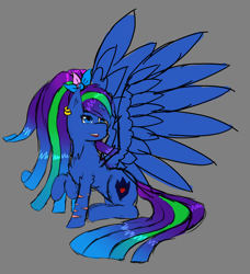 Size: 2006x2199 | Tagged: safe, artist:lefi32, oc, oc only, oc:blue pure, alicorn, pony, blue eyes, blue fur, broken horn, colored sketch, ear piercing, earring, fluffy, gray background, green hair, high res, horn, jewelry, piercing, ponytail, purple hair, raised hoof, simple background, sitting, sketch, solo, wings