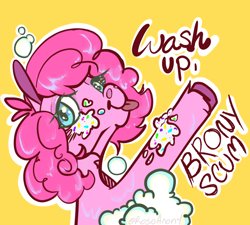 Size: 1002x901 | Tagged: safe, artist:roseanon4, pinkie pie, earth pony, pony, g4, :p, brony, scum, soap suds, solo, tongue out