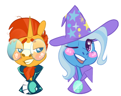 Size: 976x778 | Tagged: safe, artist:roseanon4, sunburst, trixie, earth pony, pony, unicorn, g4, brooch, bust, cape, cloak, clothes, cute, gem, glasses, hat, jewelry, simple background, sunburst's brooch, sunburst's cloak, sunburst's glasses, transparent background, trixie's brooch, trixie's cape