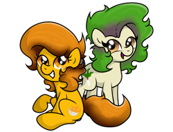 Size: 1997x1522 | Tagged: safe, artist:background basset, oc, oc only, oc:chiara curry, oc:ronda radish, earth pony, food pony, pony, 2022 community collab, derpibooru community collaboration, duo, food, open mouth, ponified, simple background, sitting, smiling, transparent background