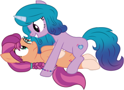 Size: 6555x4775 | Tagged: safe, artist:ejlightning007arts, izzy moonbow, sunny starscout, earth pony, pony, unicorn, g4, g5, my little pony: a new generation, coat markings, cute, duo, female, g5 to g4, izzybetes, lesbian, lying down, on top, ship:moonscout, shipping, show accurate, simple background, smiling, socks (coat markings), sunnybetes, transparent background, vector