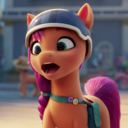 Size: 804x804 | Tagged: safe, screencap, sunny starscout, earth pony, pony, g5, my little pony: a new generation, spoiler:my little pony: a new generation, cropped, female, helmet, mare, open mouth, solo focus