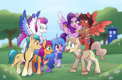 Size: 4441x2911 | Tagged: source needed, safe, artist:alinabr00k, hitch trailblazer, izzy moonbow, pipp petals, sunny starscout, zipp storm, earth pony, pegasus, pony, unicorn, g5, my little pony: a new generation, adorapipp, adorazipp, adric, ascot tie, blurry background, clothes, crossover, cute, doctor who, female, fifth doctor, frock coat, grass, grass field, jumper, male, mane five, mare, peter davison, royal sisters (g5), siblings, sisters, stallion, the doctor, tree