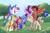 Size: 4441x2911 | Tagged: source needed, safe, artist:alinabr00k, hitch trailblazer, izzy moonbow, pipp petals, sunny starscout, zipp storm, earth pony, pegasus, pony, unicorn, g5, my little pony: a new generation, adorapipp, adorazipp, adric, ascot tie, blurry background, clothes, crossover, cute, doctor who, female, fifth doctor, frock coat, grass, grass field, jumper, male, mane five, mare, peter davison, royal sisters (g5), siblings, sisters, stallion, the doctor, tree