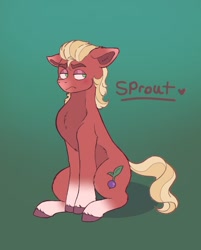 Size: 914x1138 | Tagged: safe, artist:captainsirr, sprout cloverleaf, earth pony, pony, g5, my little pony: a new generation, coat markings, floppy ears, gradient background, lidded eyes, male, sitting, socks (coat markings), solo, stallion