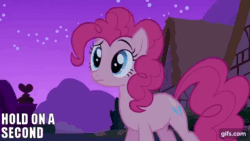 Size: 640x360 | Tagged: safe, edit, edited screencap, editor:quoterific, screencap, pinkie pie, earth pony, pony, g4, magical mystery cure, season 3, animated, eyes closed, female, gif, gifs.com, glass, impact font, mare, night, open mouth, solo, spit take, water