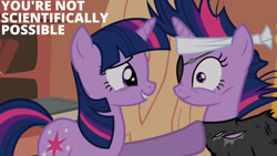 Size: 1280x720 | Tagged: safe, edit, edited screencap, editor:quoterific, screencap, twilight sparkle, pony, unicorn, g4, it's about time, season 2, arbitrary skepticism, caption, duo, duo female, eyepatch, female, future twilight, golden oaks library, hoof on chest, horn, hypocritical humor, looking at someone, mare, multicolored mane, multicolored tail, nose wrinkle, purple eyes, scrunchy face, self paradox, self ponidox, shrunken pupils, smiling, tail, text, twolight, unicorn twilight