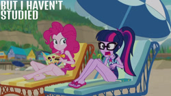 Size: 1280x720 | Tagged: safe, edit, edited screencap, editor:quoterific, screencap, feather bangs, pinkie pie, sci-twi, twilight sparkle, equestria girls, friendship math, g4, my little pony equestria girls: better together, barefoot, beach, beach chair, chair, clothes, duo, duo female, feet, female, geode of sugar bombs, geode of telekinesis, glasses, jewelry, magazine, magazine cover, magical geodes, male, necklace, one-piece swimsuit, open mouth, ponytail, sandals, sleeveless, smiling, sunglasses, swimsuit, umbrella