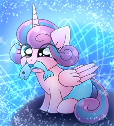 Size: 768x845 | Tagged: safe, artist:namaenonaipony, princess flurry heart, alicorn, fish, pony, g4, abstract background, baby, baby pony, context is for the weak, cute, diaper, female, filly, flurrybetes, foal, mouth hold, smiling, solo