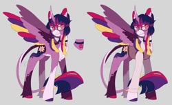 Size: 1280x788 | Tagged: safe, artist:k4krr, twilight sparkle, alicorn, pony, g4, alternate design, alternate hairstyle, chest fluff, coat markings, colored wings, curved horn, ear fluff, facial markings, female, glasses, horn, leonine tail, redesign, simple background, socks (coat markings), solo, tail, twilight sparkle (alicorn), unshorn fetlocks, wings