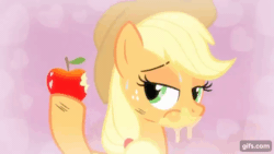 Size: 640x360 | Tagged: safe, screencap, applejack, earth pony, pony, g4, season 4, simple ways, animated, apple, applejack's hat, cowboy hat, eyes closed, female, food, gif, gifs.com, hat, mare, smiling, solo, you know for kids
