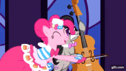 Size: 640x360 | Tagged: safe, screencap, octavia melody, pinkie pie, earth pony, pony, g4, season 1, the best night ever, ^^, animated, bipedal, bow (instrument), cello, cello bow, clothes, cute, diapinkes, dress, eyes closed, eyestrain warning, female, gala dress, gif, gifs.com, mare, musical instrument, open mouth, open smile, pony pokey, smiling