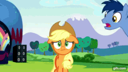 Size: 640x360 | Tagged: safe, screencap, applejack, blues, fluttershy, noteworthy, rainbow dash, rarity, royal riff, spike, spring melody, sprinkle medley, twilight sparkle, alicorn, dragon, earth pony, pegasus, pony, unicorn, g4, season 5, the mane attraction, animated, applejack's hat, cowboy hat, female, floppy ears, flying, gasp, gif, gifs.com, group, hat, hooves on mouth, lip bite, male, mare, open mouth, shocked, stallion, twilight sparkle (alicorn)