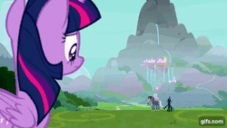 Size: 640x360 | Tagged: safe, screencap, cozy glow, lord tirek, queen chrysalis, twilight sparkle, alicorn, centaur, changeling, pegasus, pony, taur, g4, season 9, the ending of the end, animated, chocolate, chocolate rain, cupcake, female, filly, food, giant cupcake, gif, gifs.com, male, mare, nose in the air, open mouth, rain, twilight sparkle (alicorn)