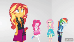 Size: 640x360 | Tagged: safe, screencap, fluttershy, pinkie pie, rainbow dash, sunset shimmer, equestria girls, equestria girls series, g4, rollercoaster of friendship, angry, animated, clothes, crossed arms, cutie mark on clothes, eyes closed, female, geode of empathy, geode of fauna, geode of sugar bombs, geode of super speed, gif, gifs.com, hairpin, hoodie, jacket, jewelry, leather, leather jacket, magical geodes, necklace, tank top