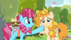 Size: 640x360 | Tagged: safe, screencap, cup cake, pear butter, earth pony, pony, g4, season 7, the perfect pear, animated, cake, chiffon swirl, cute, cute cake, faic, female, food, gif, gifs.com, heart, mare, pear, pearabetes, smiling, tree, young cup cake