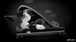 Size: 640x360 | Tagged: safe, screencap, rarity, pony, unicorn, g4, rarity investigates, season 5, animated, black and white, couch, draw me like one of your french girls, eyes closed, female, gif, gifs.com, grayscale, mare, monochrome, smiling, solo