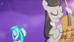 Size: 640x360 | Tagged: safe, screencap, dj pon-3, octavia melody, vinyl scratch, earth pony, pony, unicorn, g4, season 5, slice of life (episode), animated, bipedal, bow (instrument), cello, cello bow, duo, duo female, eyes closed, female, gif, gifs.com, mare, musical instrument, smiling