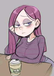 Size: 2500x3500 | Tagged: safe, artist:noupie, pinkie pie, human, g4, breasts, busty pinkie pie, clothes, coffee cup, cup, high res, humanized, pinkamena diane pie, shirt, solo
