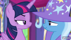 Size: 640x360 | Tagged: safe, screencap, trixie, twilight sparkle, alicorn, pony, unicorn, g4, no second prances, season 6, animated, clothes, eye contact, female, gif, gifs.com, grin, hat, looking at each other, mare, smiling, trixie's hat, twilight sparkle (alicorn), twilight's castle