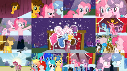 Size: 1280x721 | Tagged: safe, artist:reverse studios, edit, editor:quoterific, cheese sandwich, party favor, pinkie pie, sugar belle, oc, oc:fluffle puff, earth pony, pegasus, pony, unicorn, g4, ^^, bipedal, blushing, collage, eyes closed, female, male, mare, microphone, night, nose in the air, open mouth, open smile, party of four, pmv, smiling, stallion