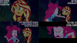 Size: 1280x720 | Tagged: safe, edit, edited screencap, editor:quoterific, screencap, pinkie pie, sunset shimmer, equestria girls, equestria girls specials, g4, my little pony equestria girls: better together, my little pony equestria girls: sunset's backstage pass, clothes, cutie mark on clothes, female, geode of empathy, geode of sugar bombs, magical geodes, music festival outfit, night, open mouth