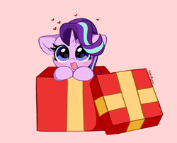 Size: 5738x4625 | Tagged: safe, artist:kittyrosie, starlight glimmer, pony, unicorn, g4, absurd resolution, blushing, box, christmas, cute, female, floating heart, glimmerbetes, happy, heart, heart eyes, holiday, mare, open mouth, open smile, pink background, pony in a box, simple background, smiling, solo, wingding eyes